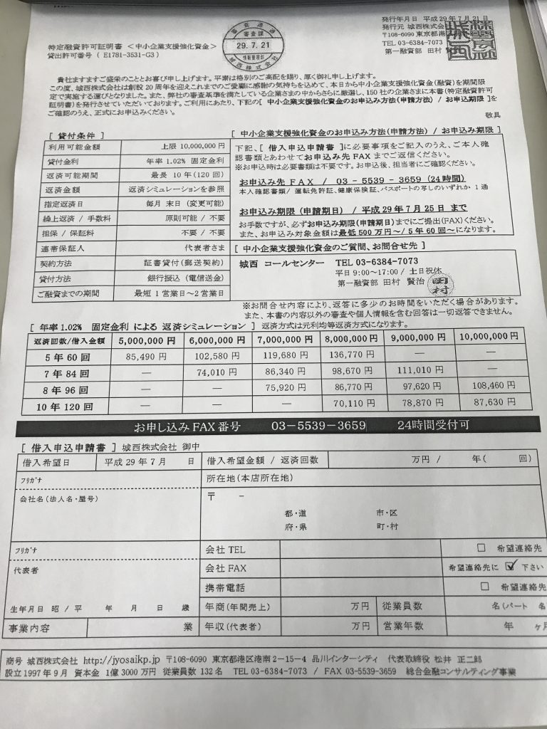 城西株式会社（特定融資許可証明書） | ビジネスローン融資